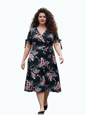 Michel Studio Floral Faux Wrap Midi Red Pink Black Slit Tie Sleeve Dress Size 1X